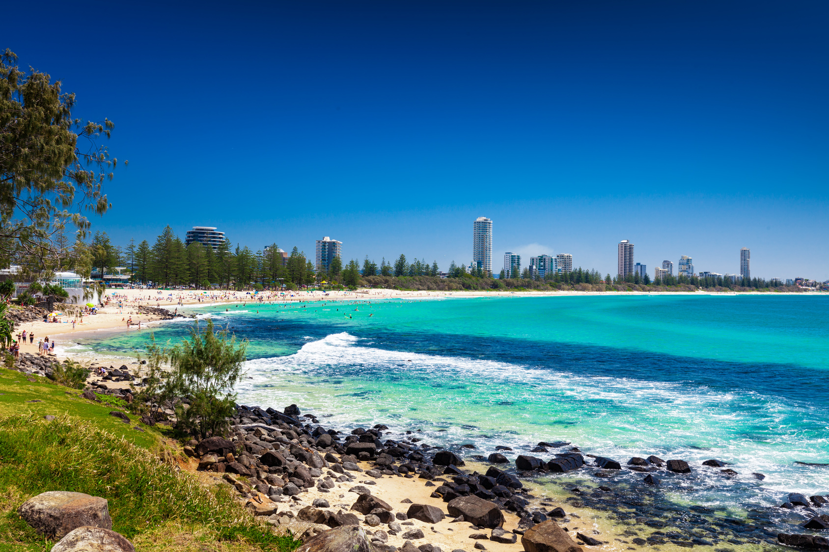 GOLD COAST, AUS - OCT 4 2015: Gold Coast skyline and surfing beach visible from Burleigh Heads, Queensland