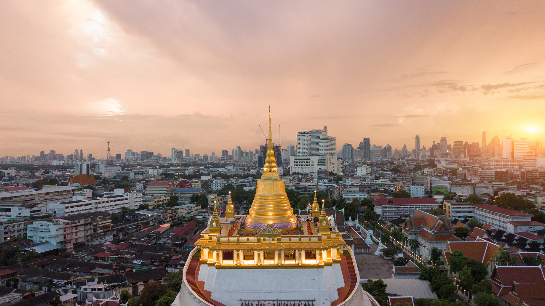 Beautiful Golden Mount Temple Fair, Golden Mount Temple in Bangkok on the morning,